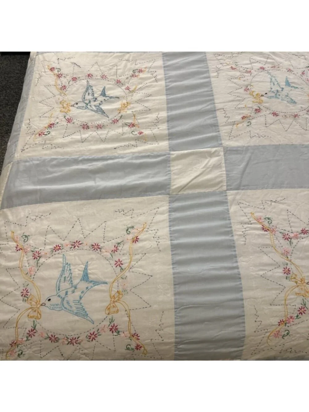 Vintage Quilt Bird Floral Wreath Handmade 74 inches wide x 98 inches long